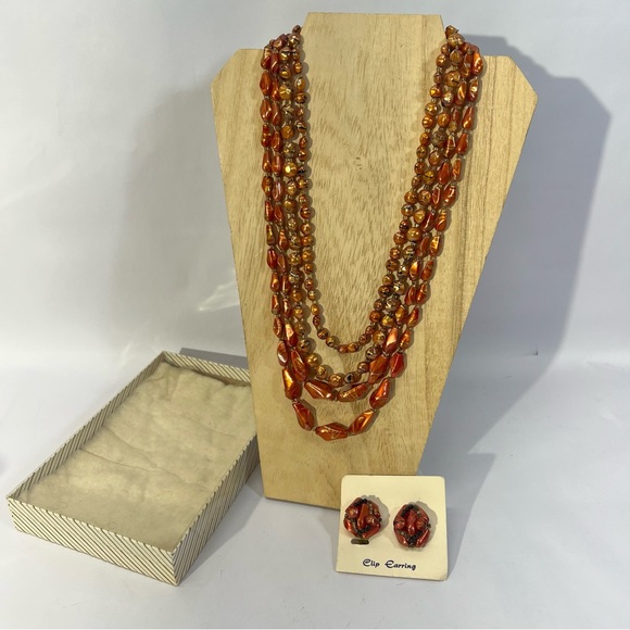 Vintage Multi Strand Necklace & Clip On Earrings - Picture 2 of 8
